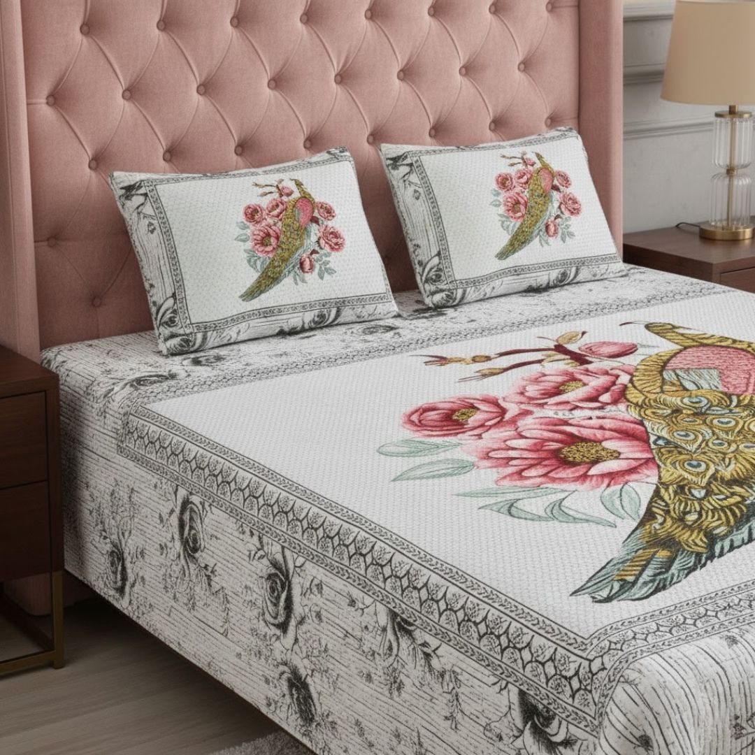 Majestic Peacock Dreams Pink & Blue Cotton Double Bedsheet
